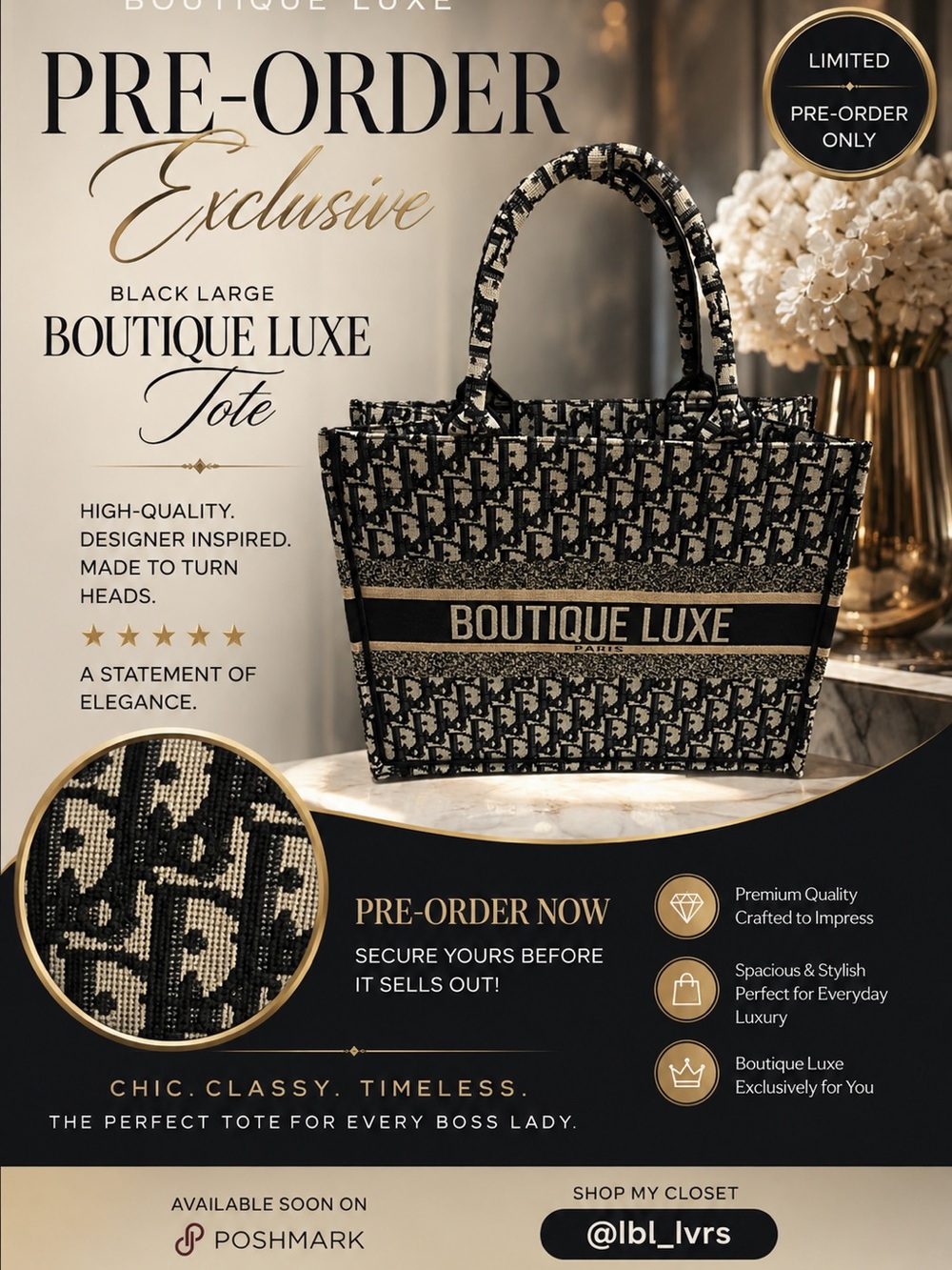 Boutique Luxe Inspired | Large Black & Cream Logo Tote